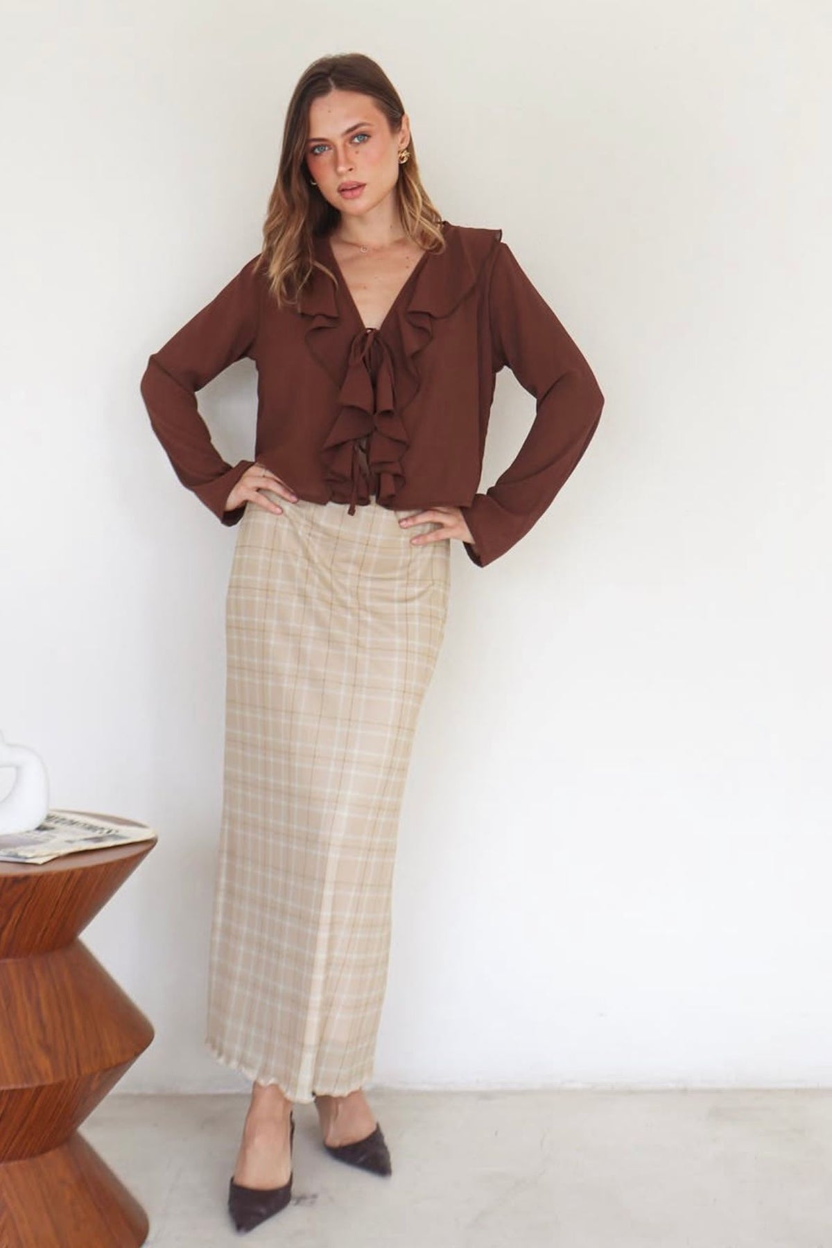 Falda Ximena Cuadros Beige