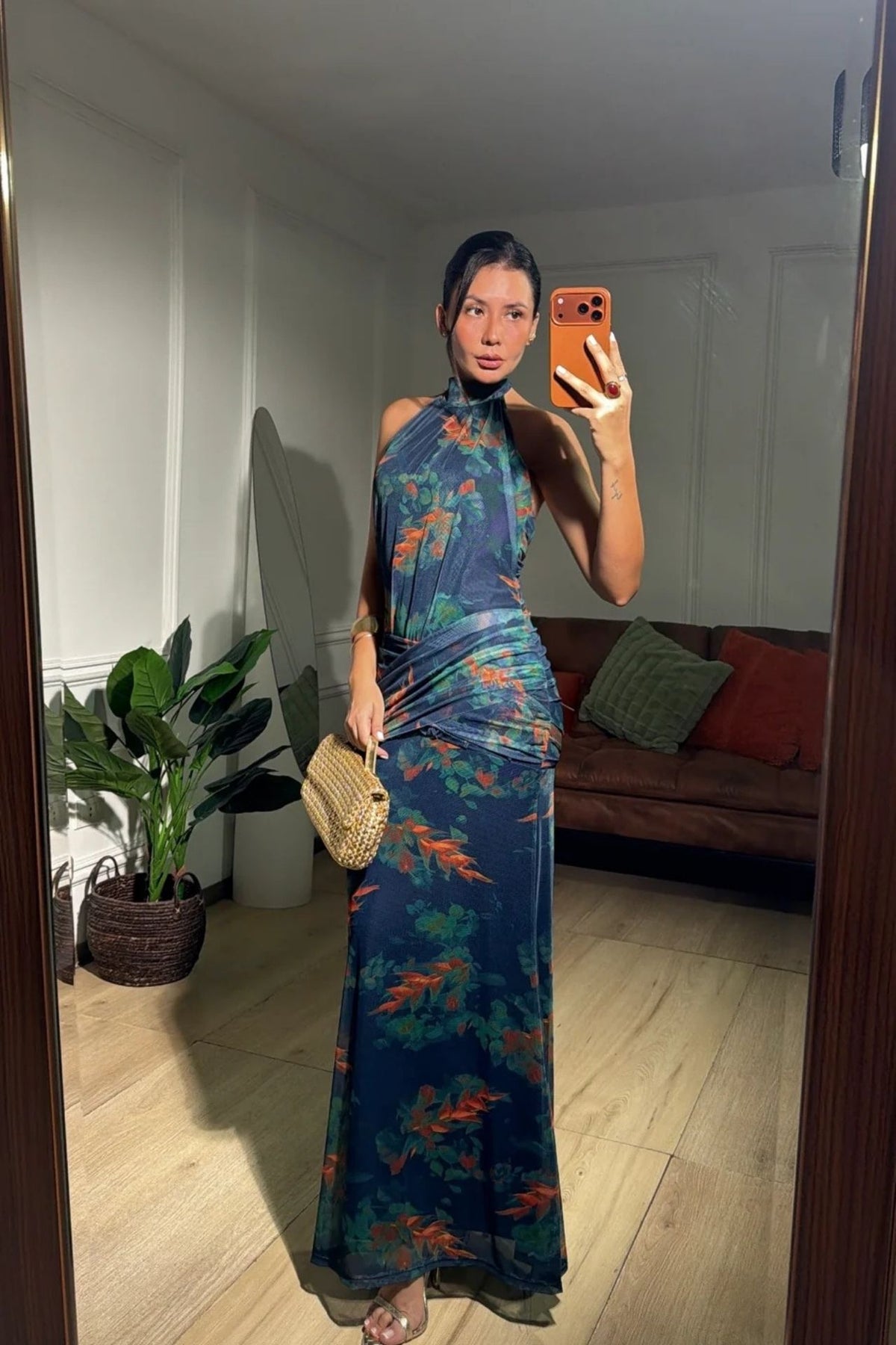Vestido Vincenza Azul Con Naranja