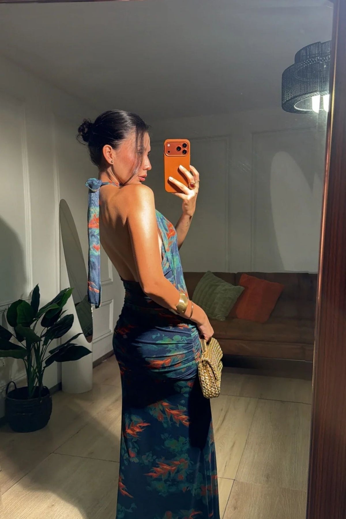 Vestido Vincenza Azul Con Naranja